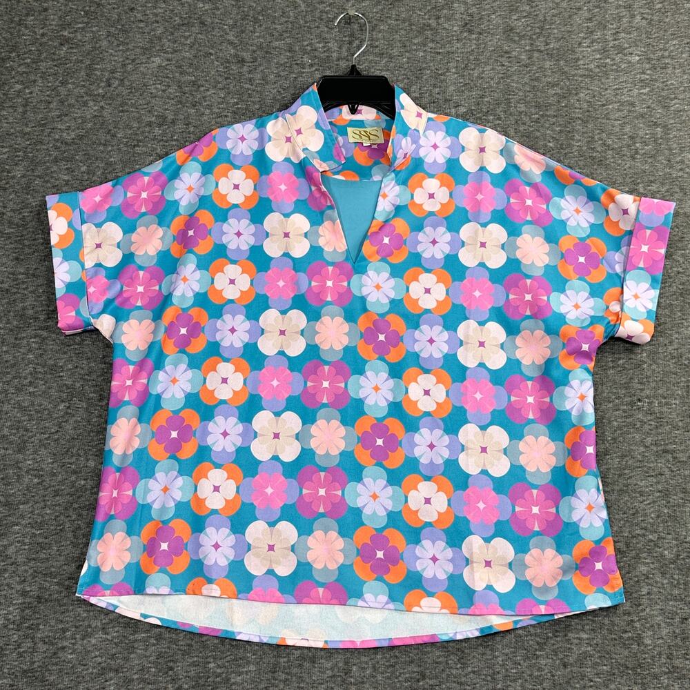 Syss The Label Meg V Neck Top Size XL Pastel Abstract Floral 70's Disco